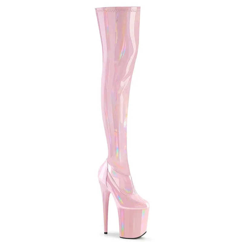 Shiny Black Patent Leather Thigh Length Boots with Iridescent Streaks