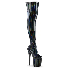 Shiny Black Patent Leather Thigh Length Boots with Iridescent Streaks