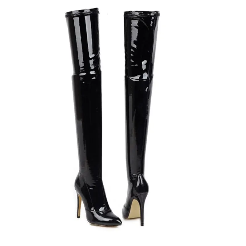 Shiny Black Thigh-high Patent Leather High Heel Womens Boots