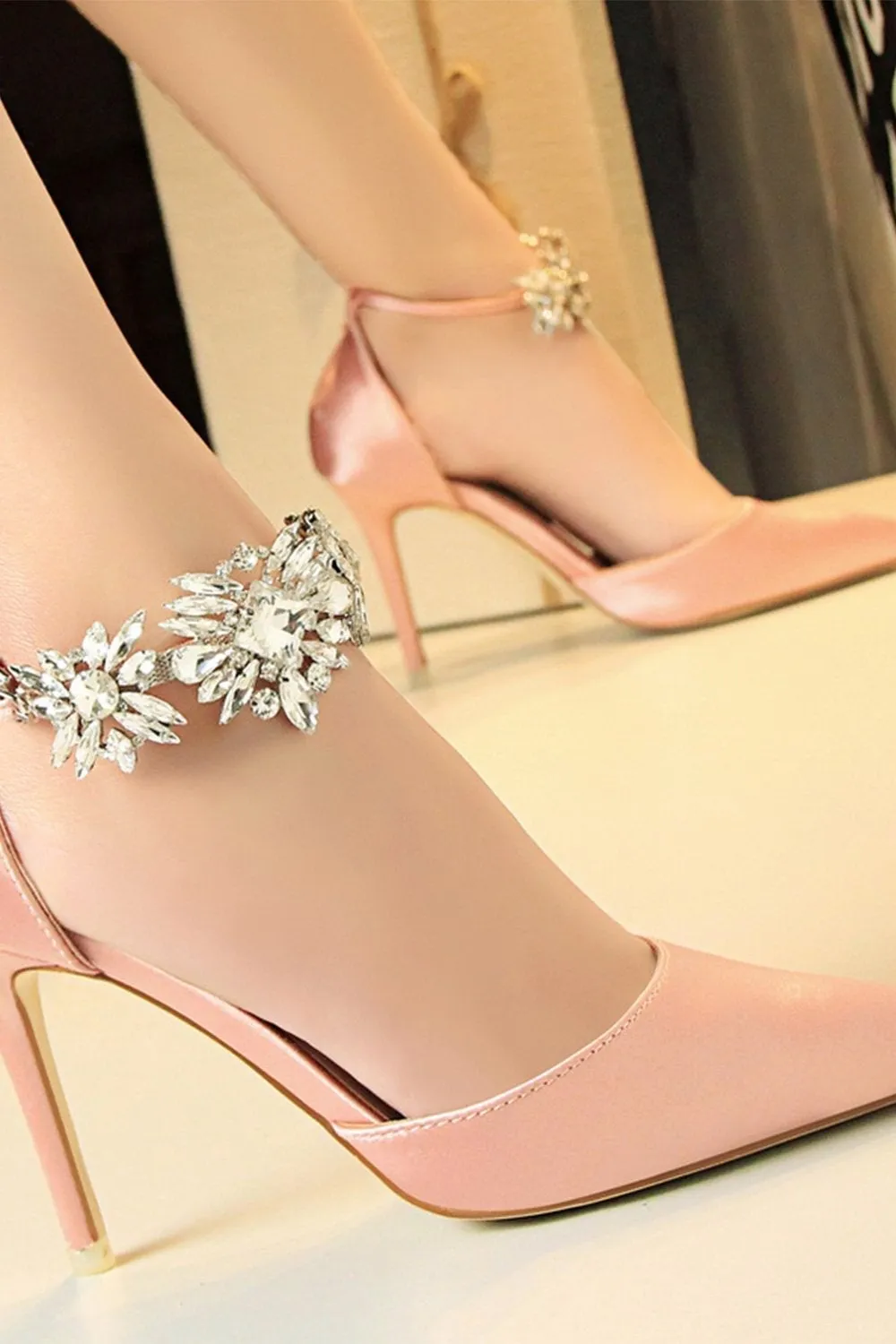 Silver Ankle Strap Prom Heels with Crystals