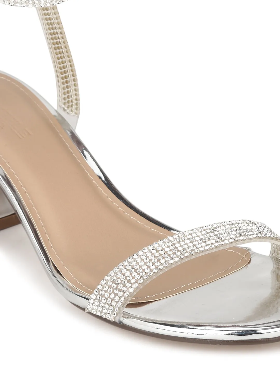 Silver Metallic PU Diamante Low Block Heels