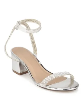 Silver Metallic PU Diamante Low Block Heels