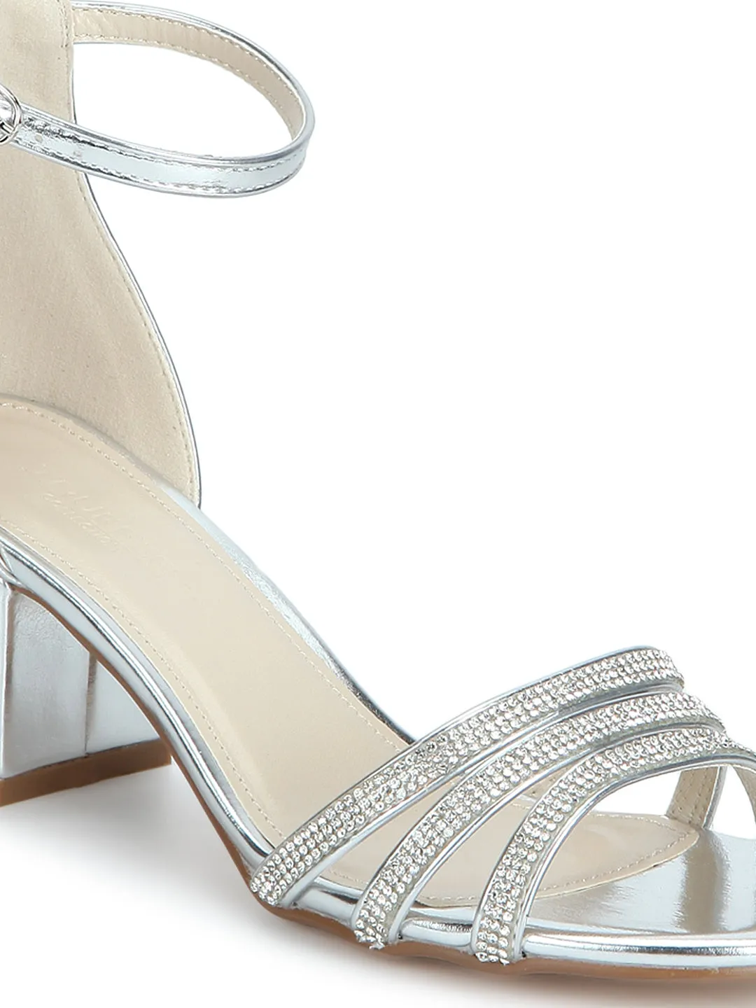 Silver Multiple Strap Diamante Low Block Heels