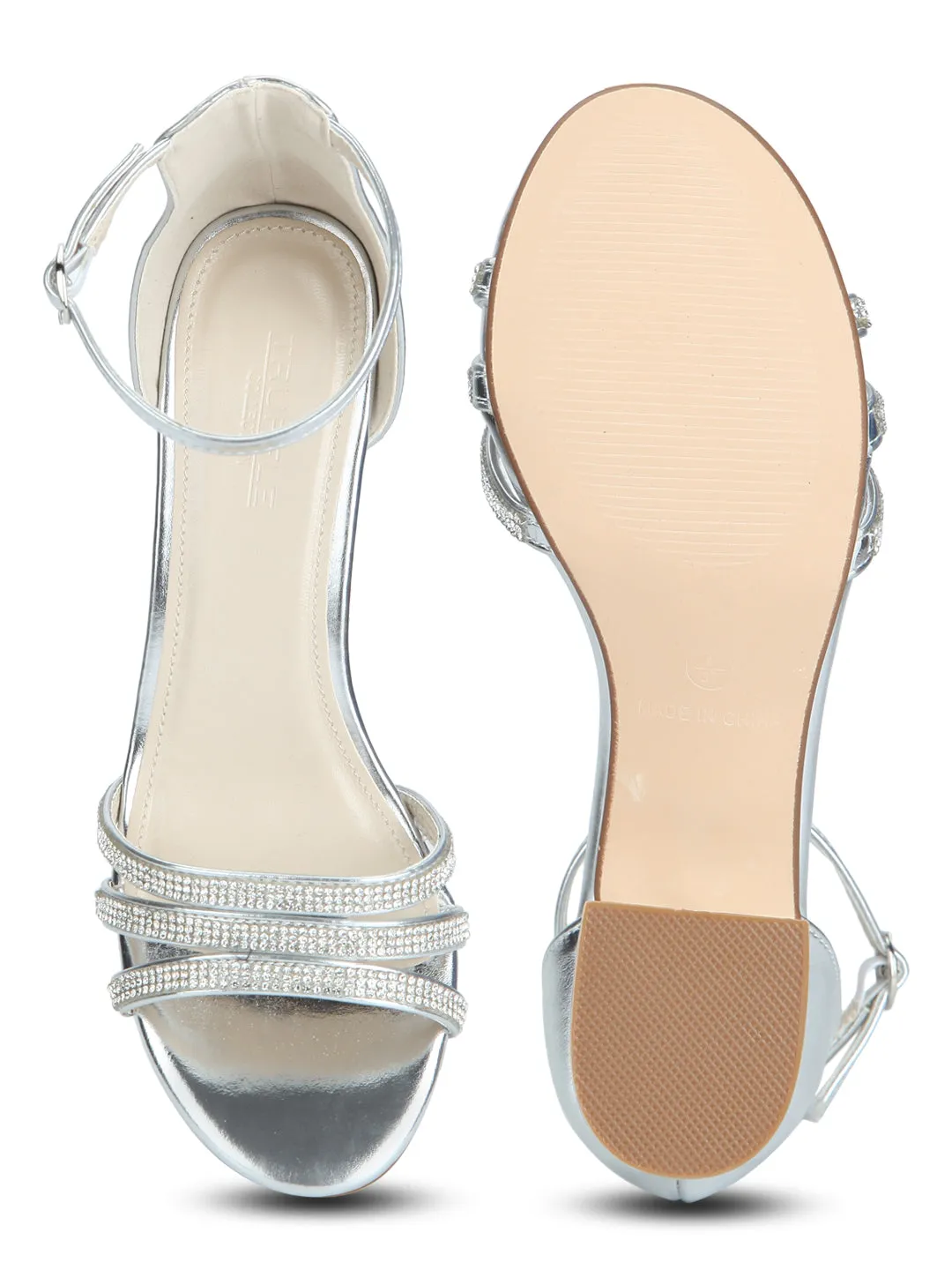 Silver Multiple Strap Diamante Low Block Heels