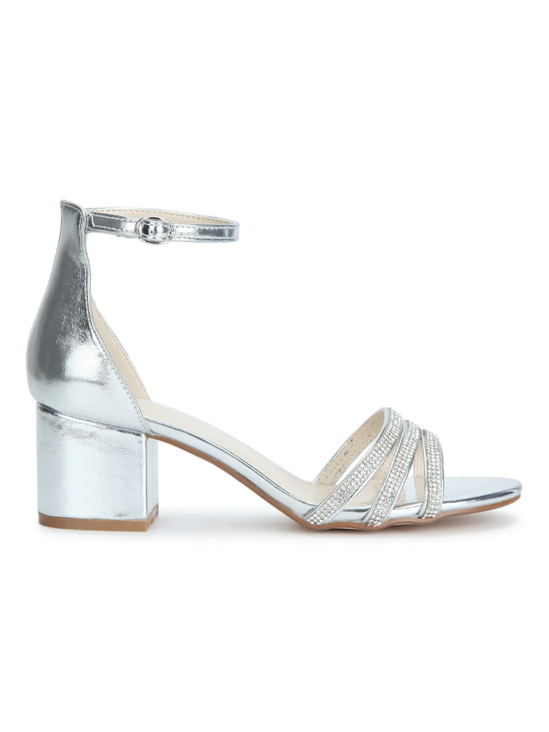 Silver Multiple Strap Diamante Low Block Heels