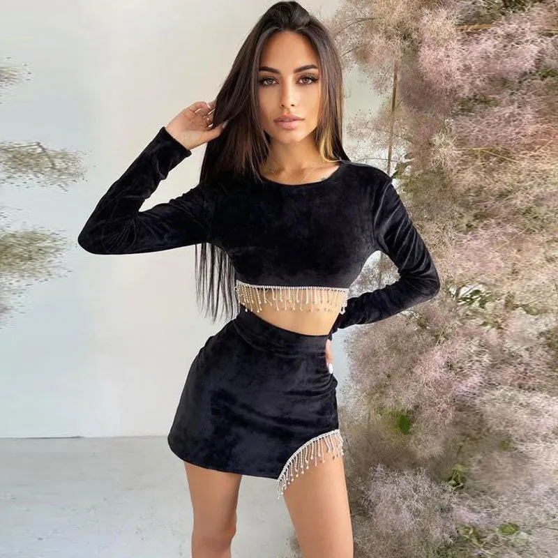 Sparkly Rhinestone Fringe Cut Out Velvet Crop Skirt Matching Set - Black