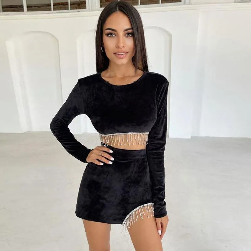 Sparkly Rhinestone Fringe Cut Out Velvet Crop Skirt Matching Set - Black