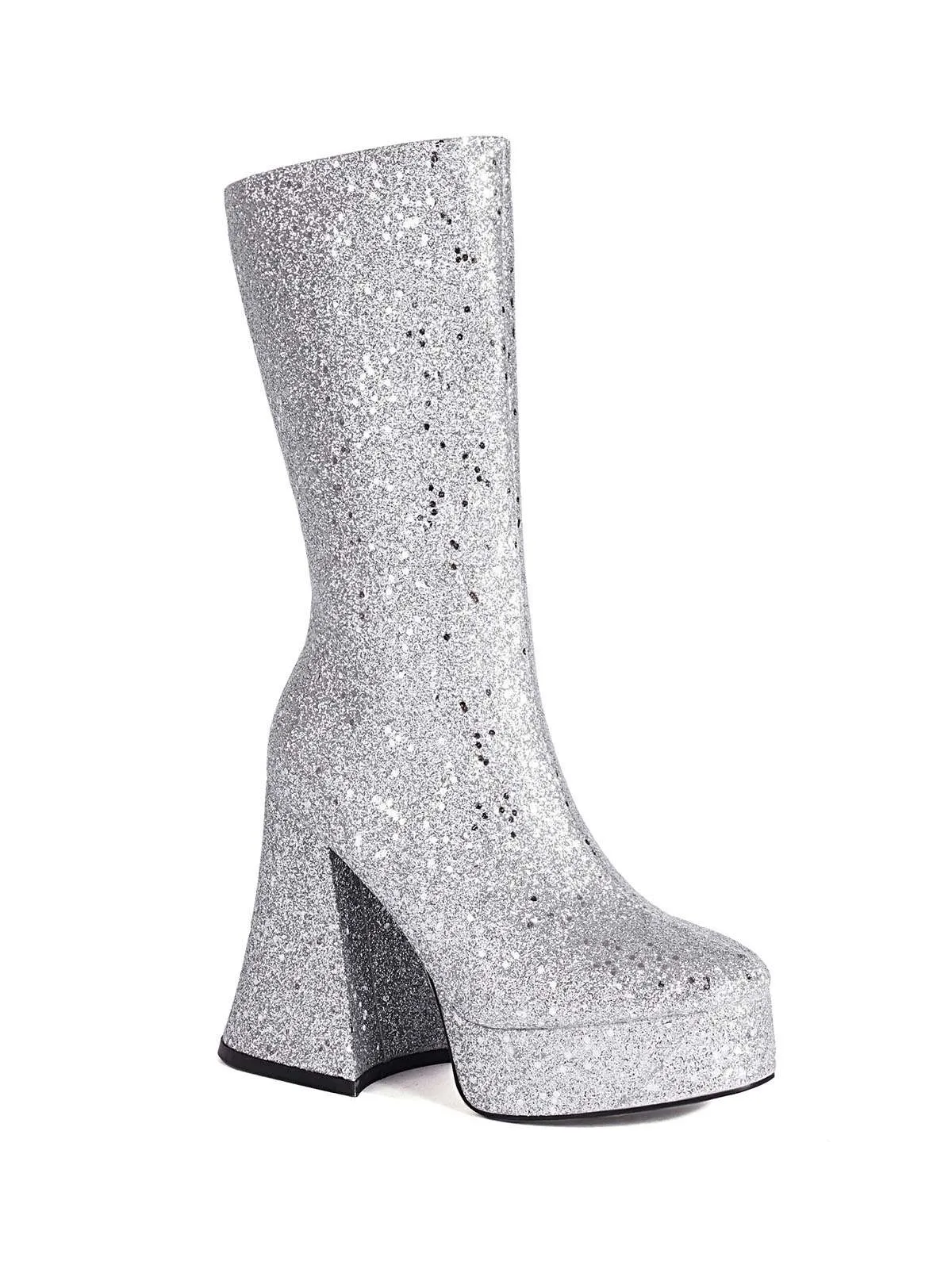 Square Toe Sequined Chunky Heel Mid-Calf Boots