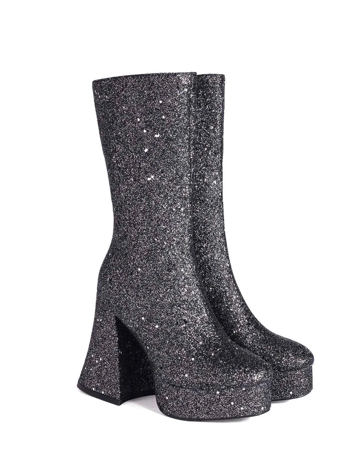 Square Toe Sequined Chunky Heel Mid-Calf Boots