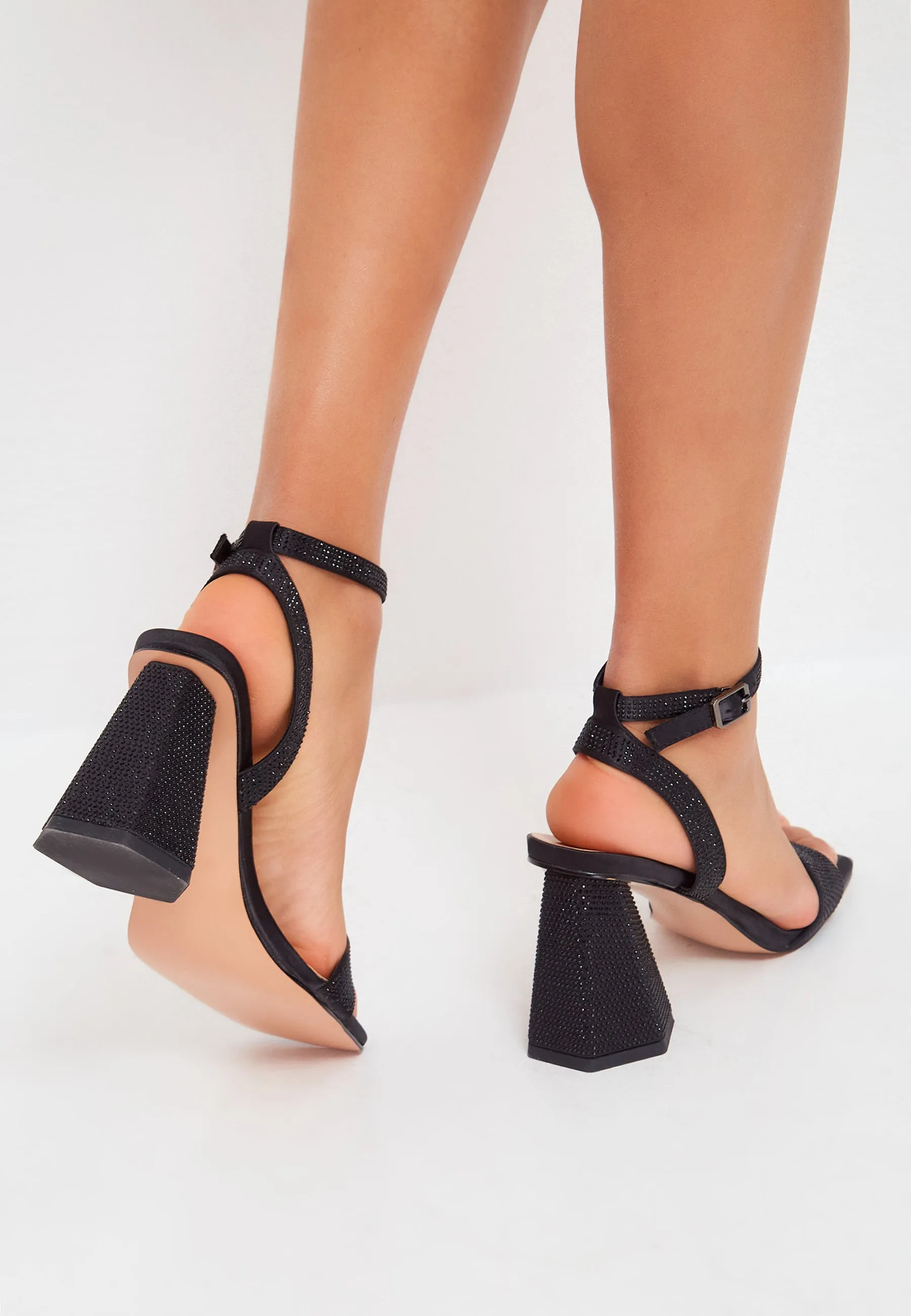 Strappy Block Heel Sandals with Rhinestones - Black