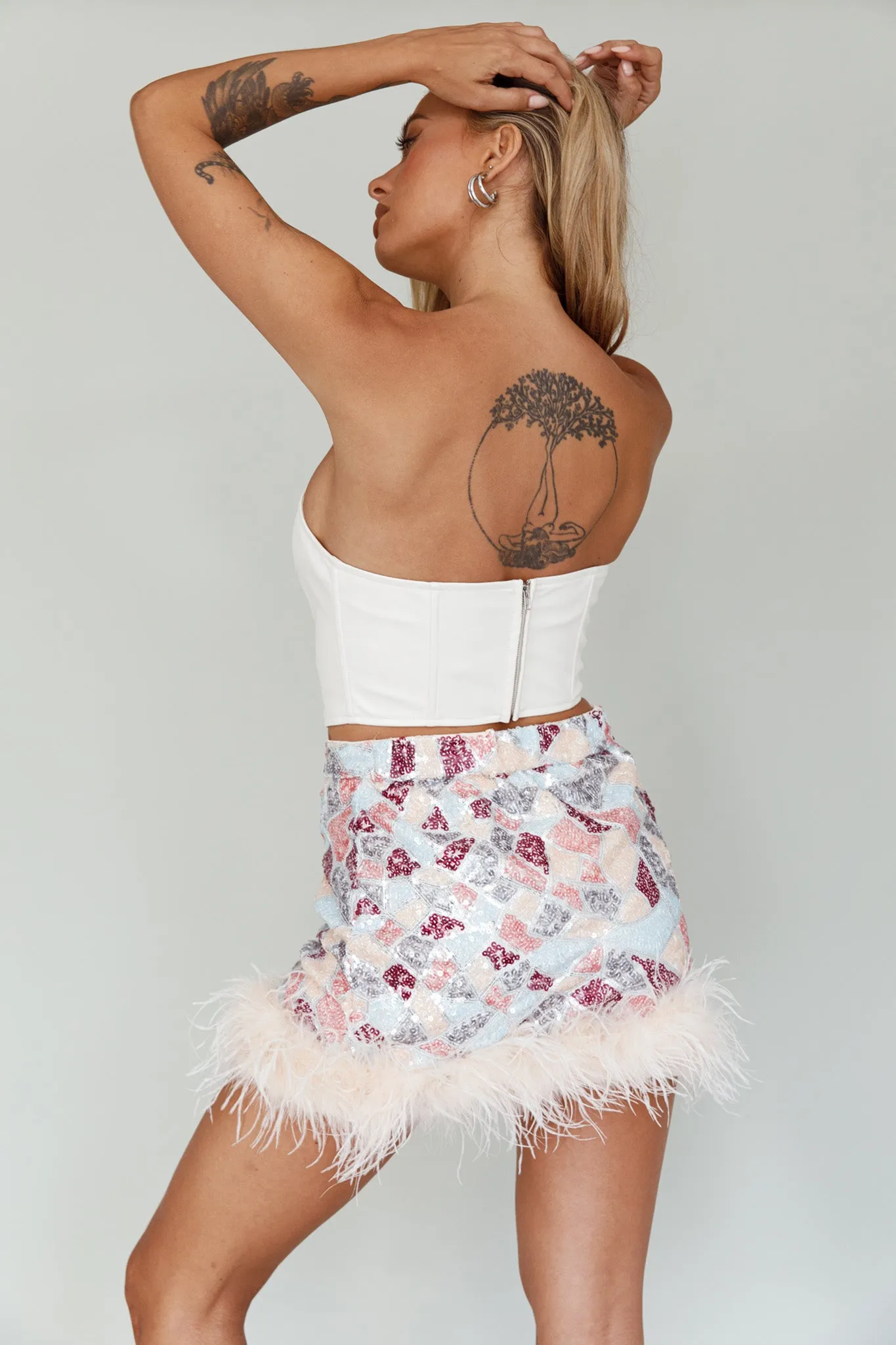 Sunset Boulevard Sequin Feather Mini Skirt Multi