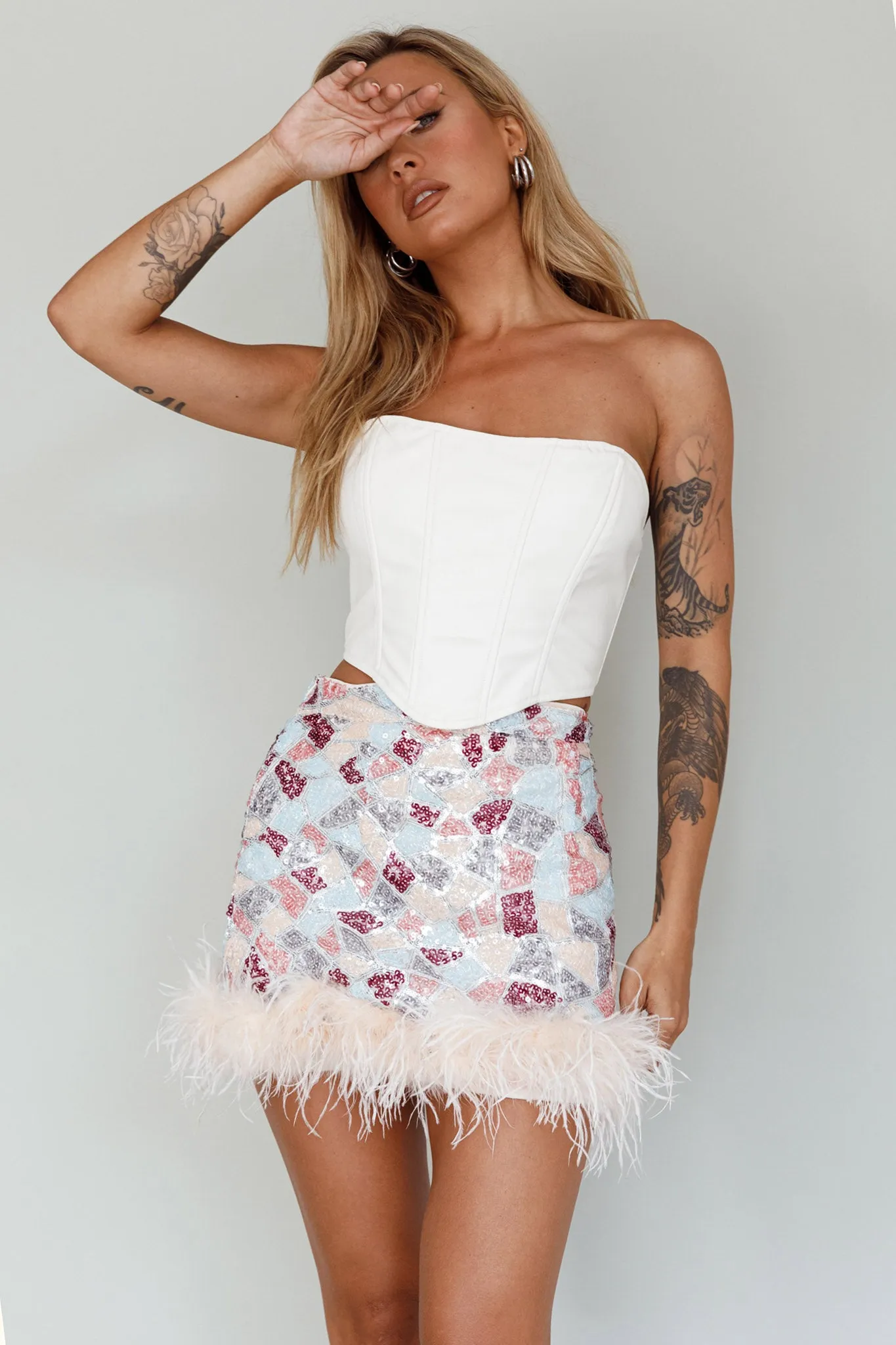 Sunset Boulevard Sequin Feather Mini Skirt Multi