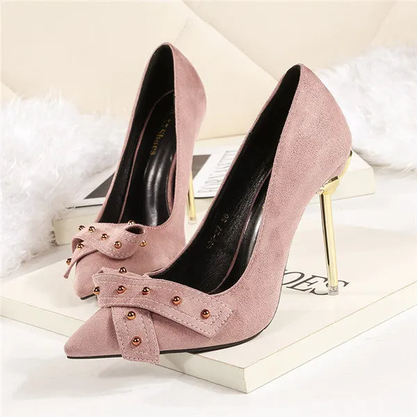 Sweet Suede Upper Metal High Heels Closed Toe Evening Shoes PS018