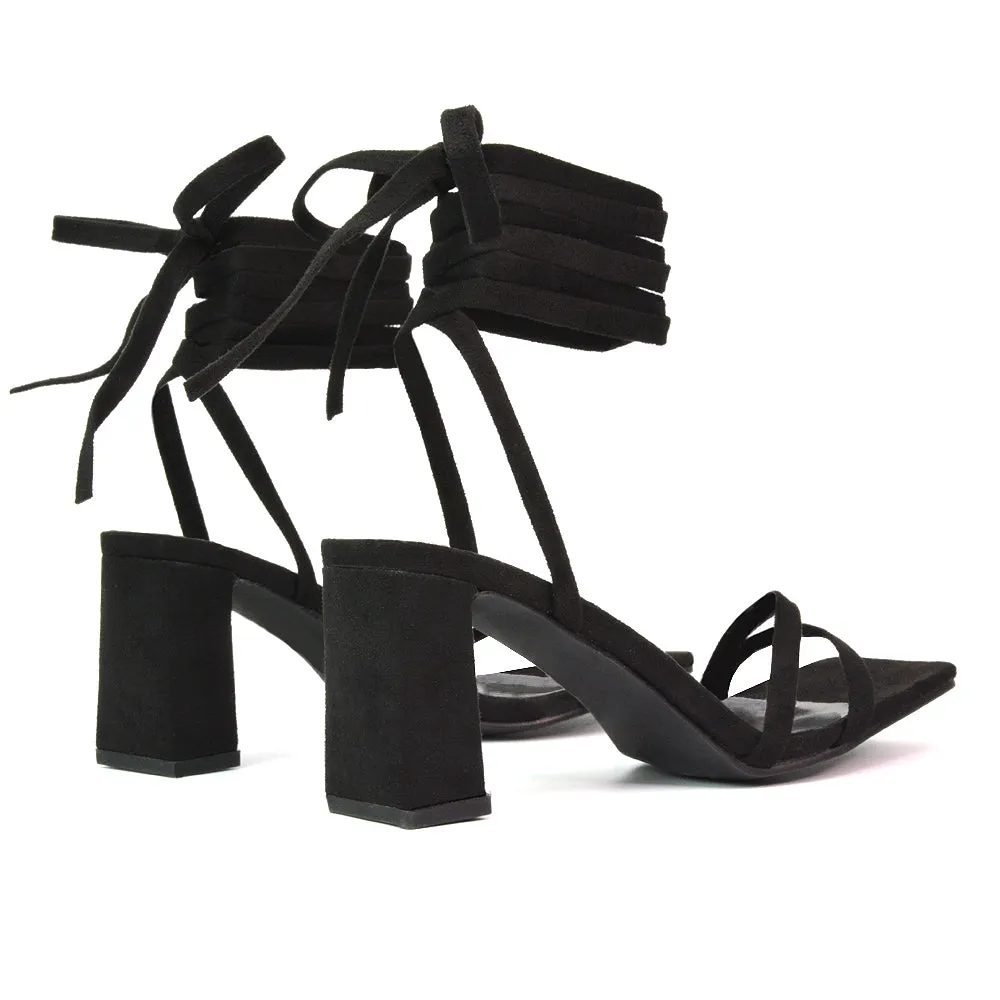 Tanyel Strappy Lace up Faux Suede Mid Block Heel Sandals in Black