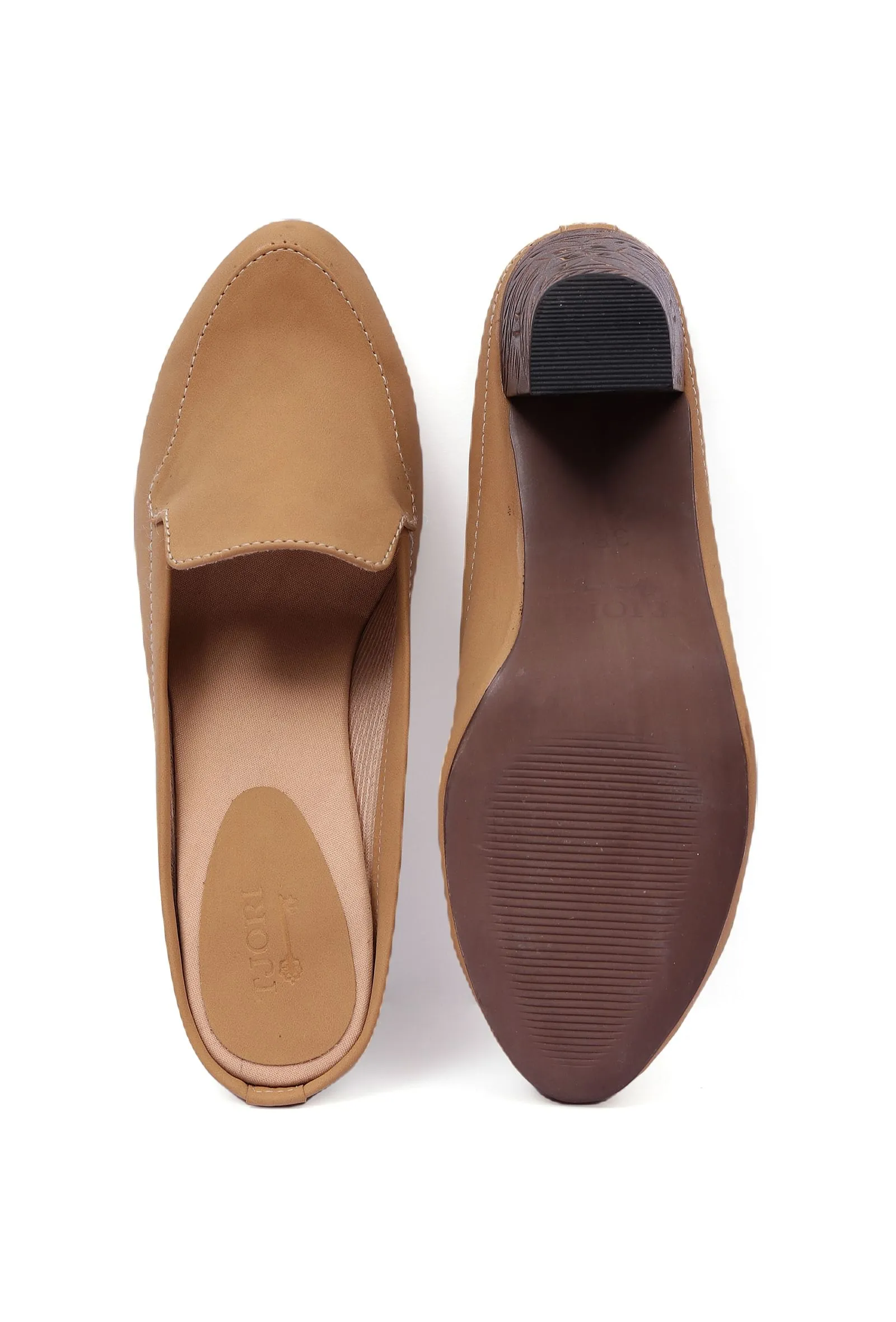 Tortilla Brown Cruelty-Free Leather Mules With Carved Heels