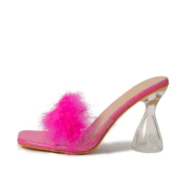 Transparent Mules Feather Sandals Sqaure Open Toe Clear High Heels