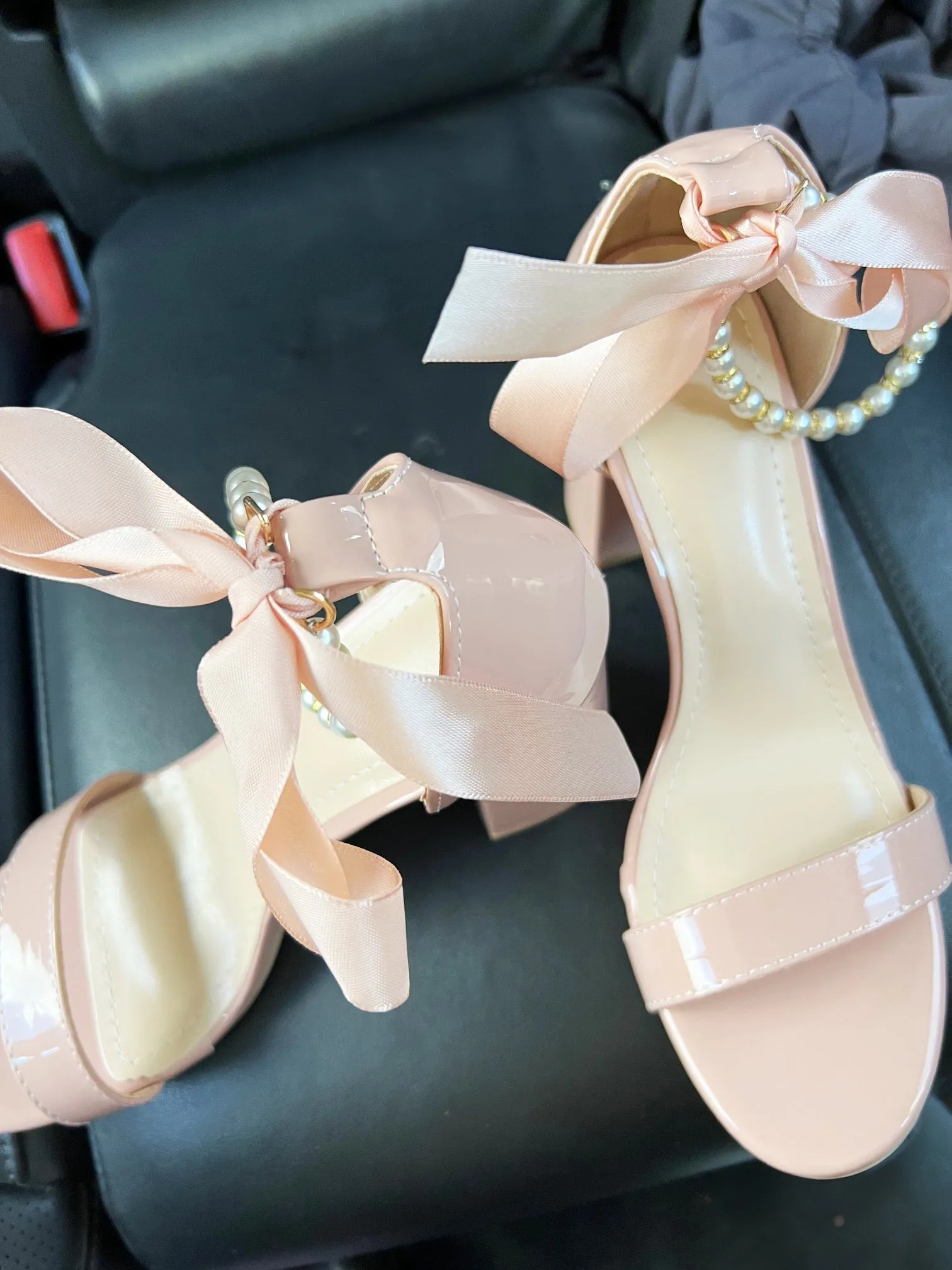 Trish Pearl Ankle Strap Heels in Patent Light Pink