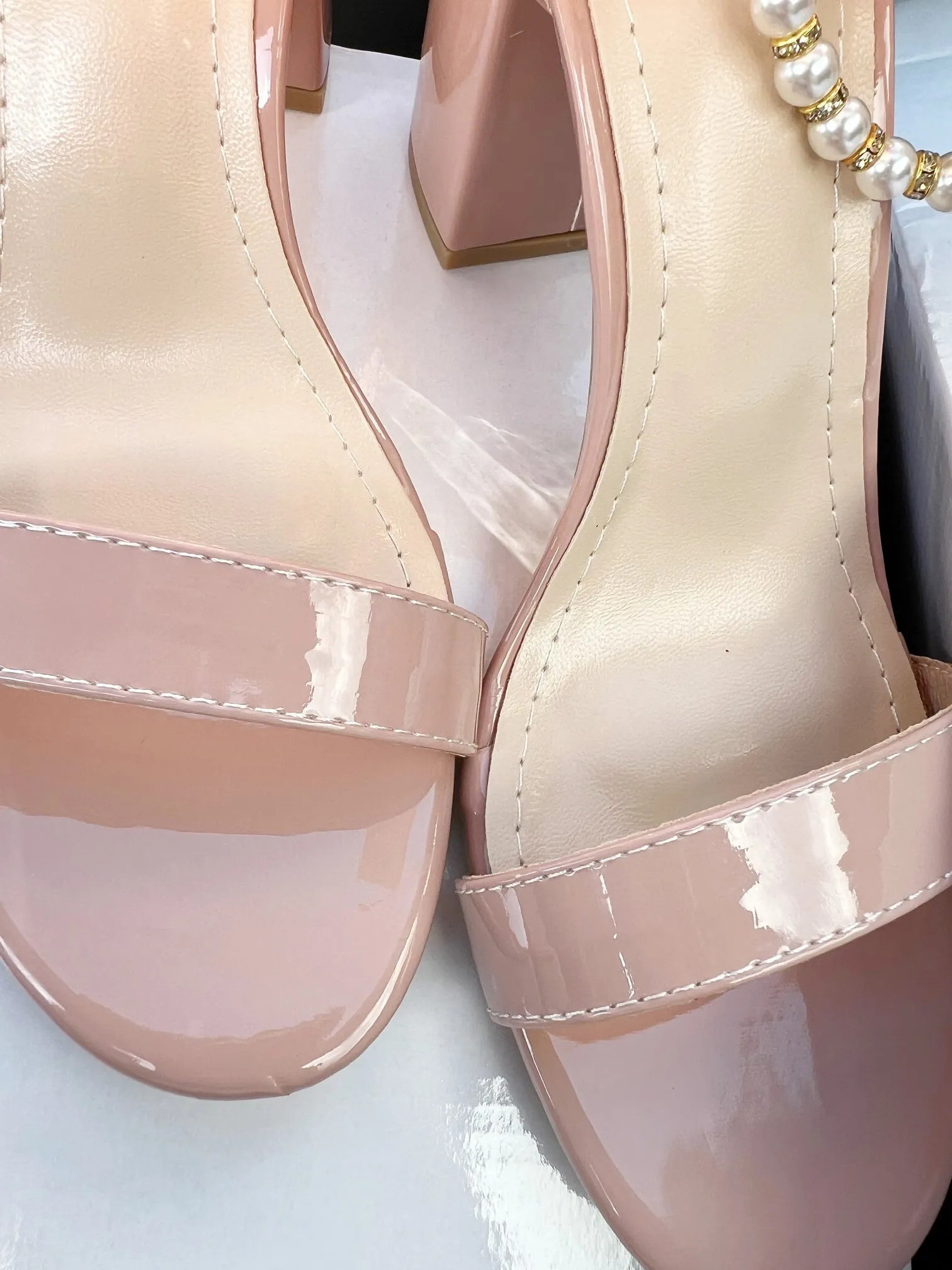 Trish Pearl Ankle Strap Heels in Patent Light Pink