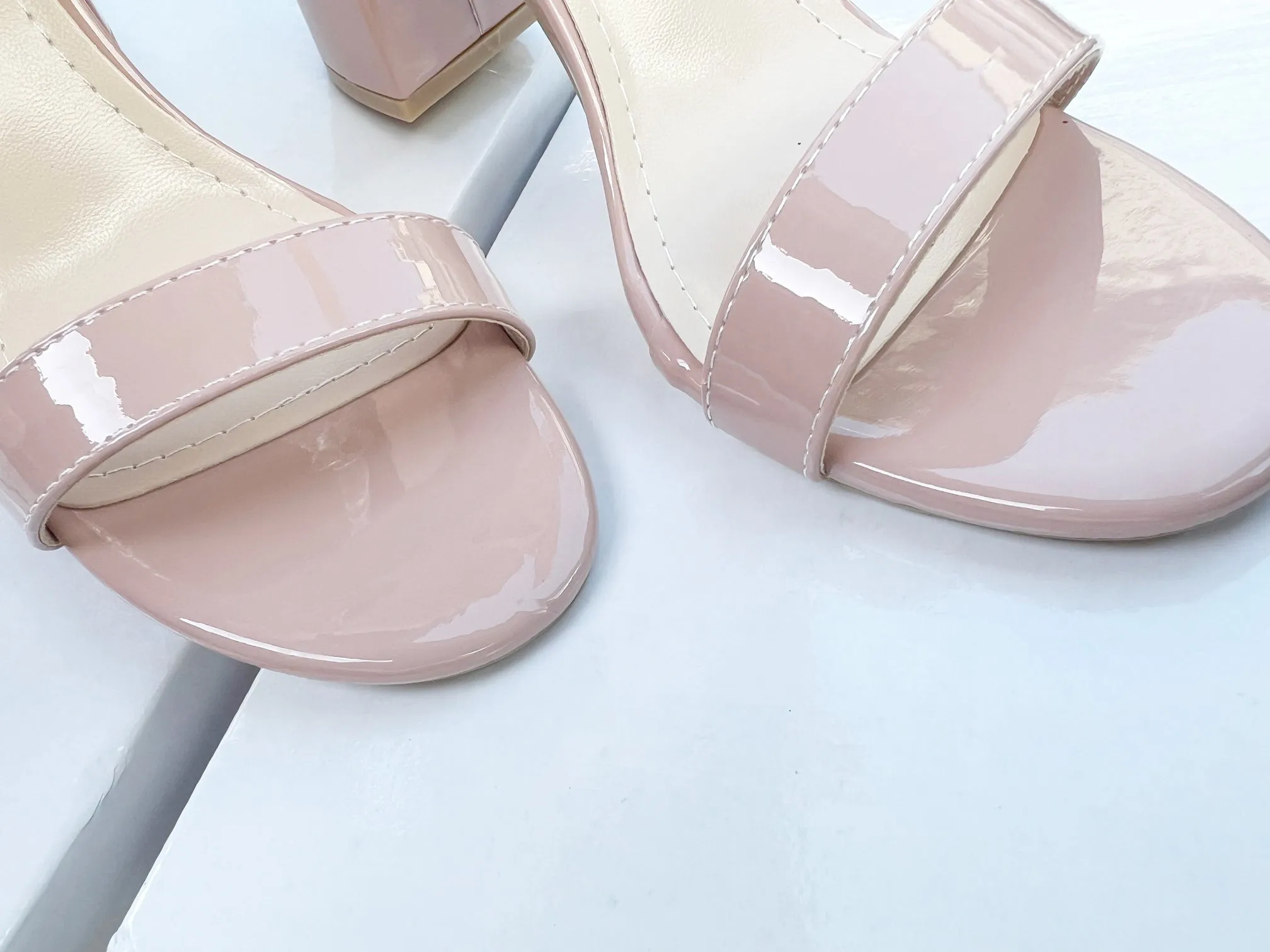 Trish Pearl Ankle Strap Heels in Patent Light Pink