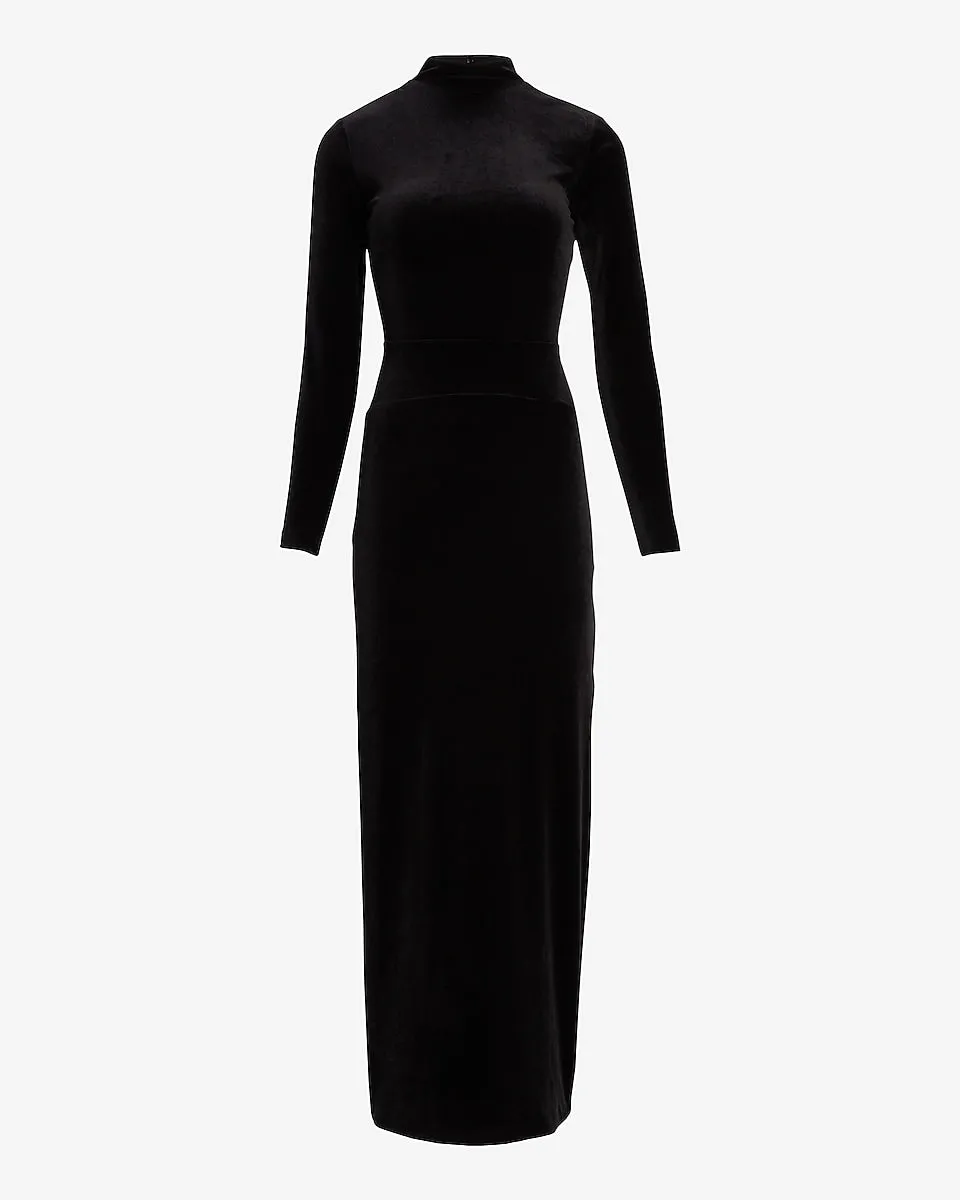 Velvet Mock Neck Side Slit Open Back Maxi Dress in Pitch Black