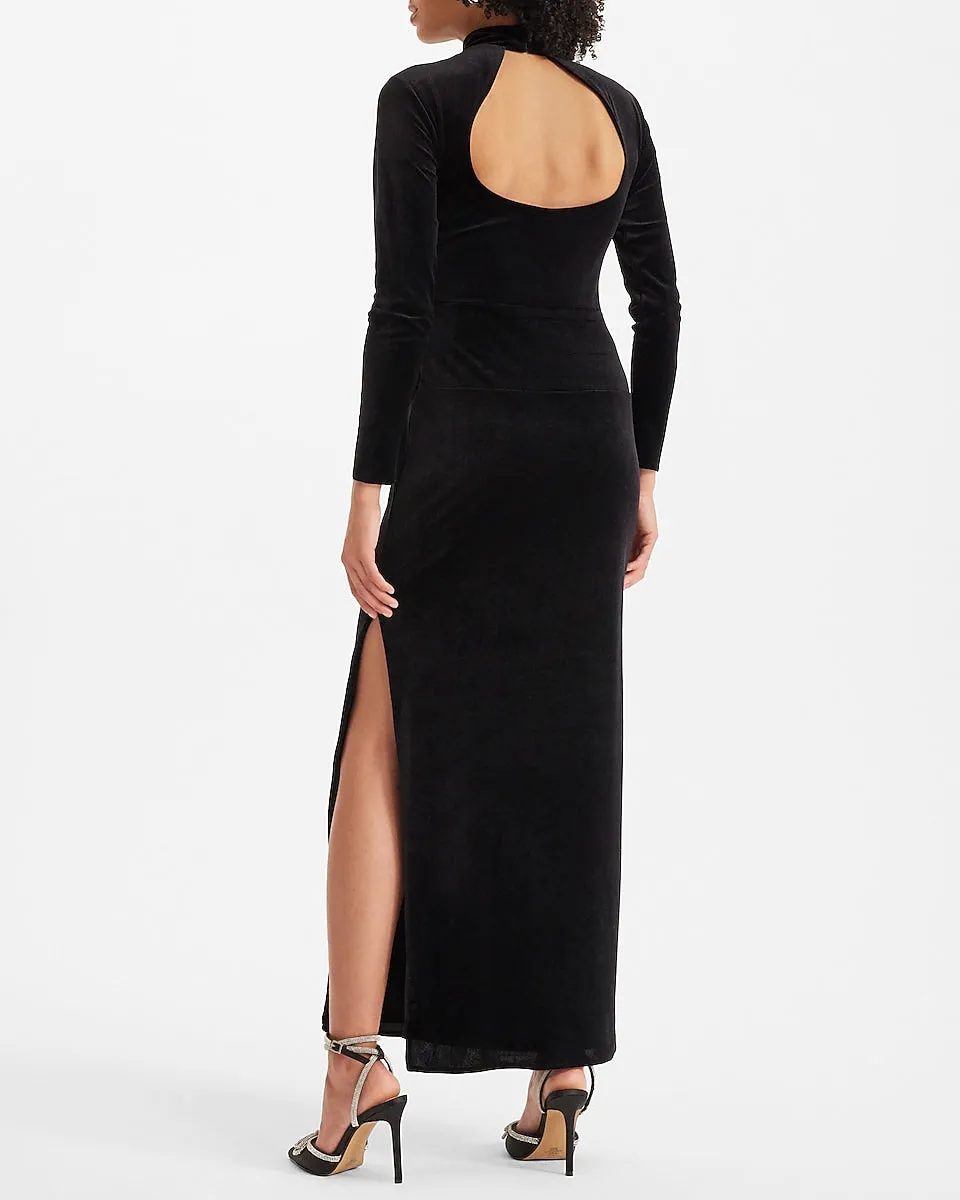 Velvet Mock Neck Side Slit Open Back Maxi Dress in Pitch Black