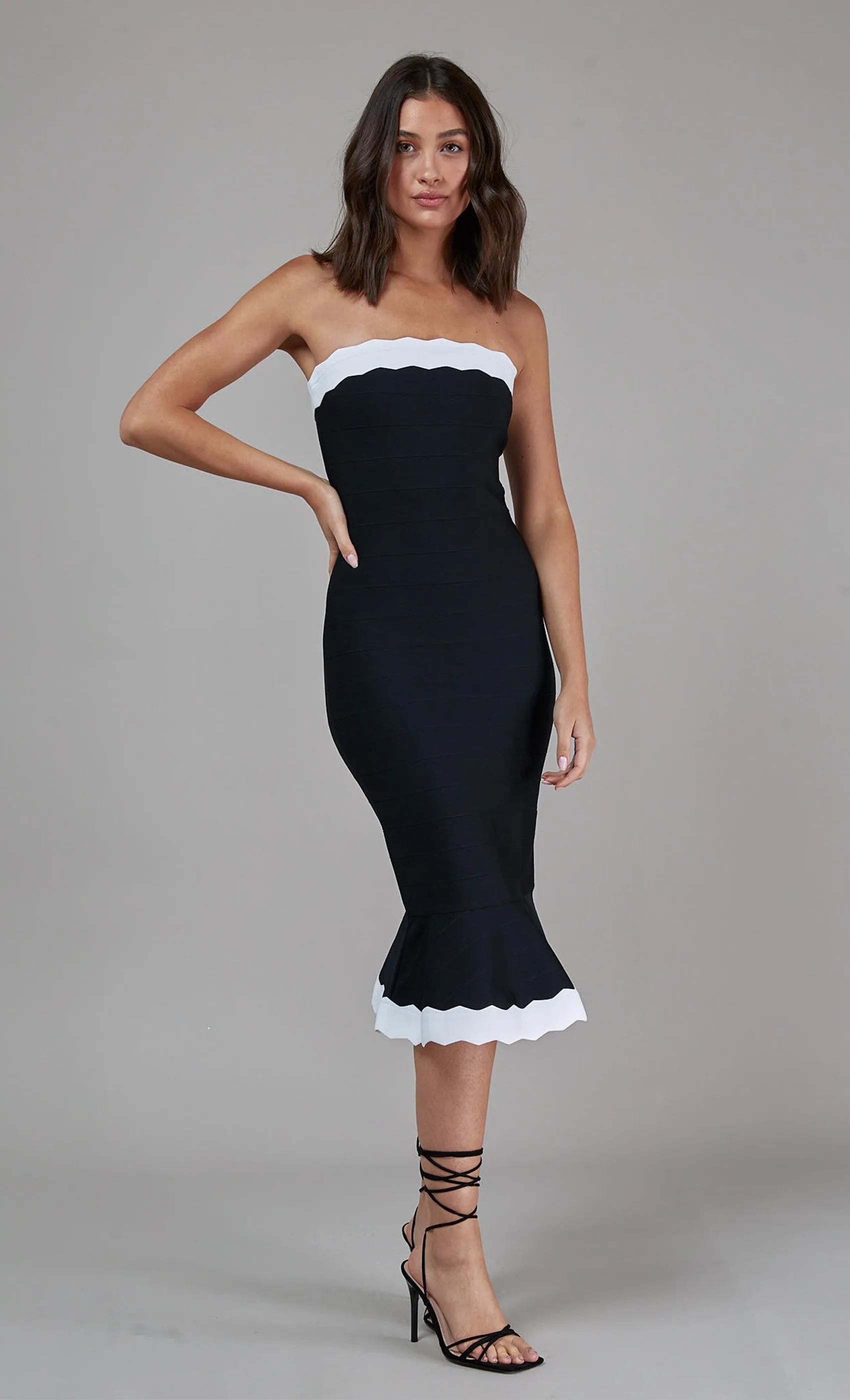 Wavy Trim Fishtail Bandage Midi Dress