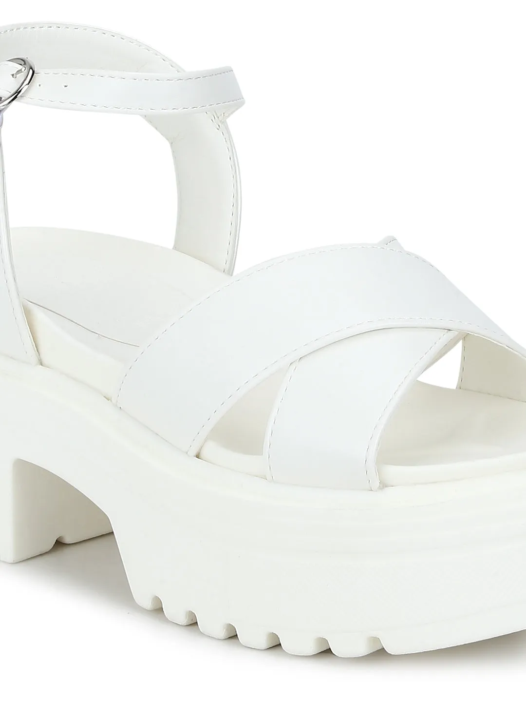 White Box Crossover Cleated Bottom Platform Block Heels