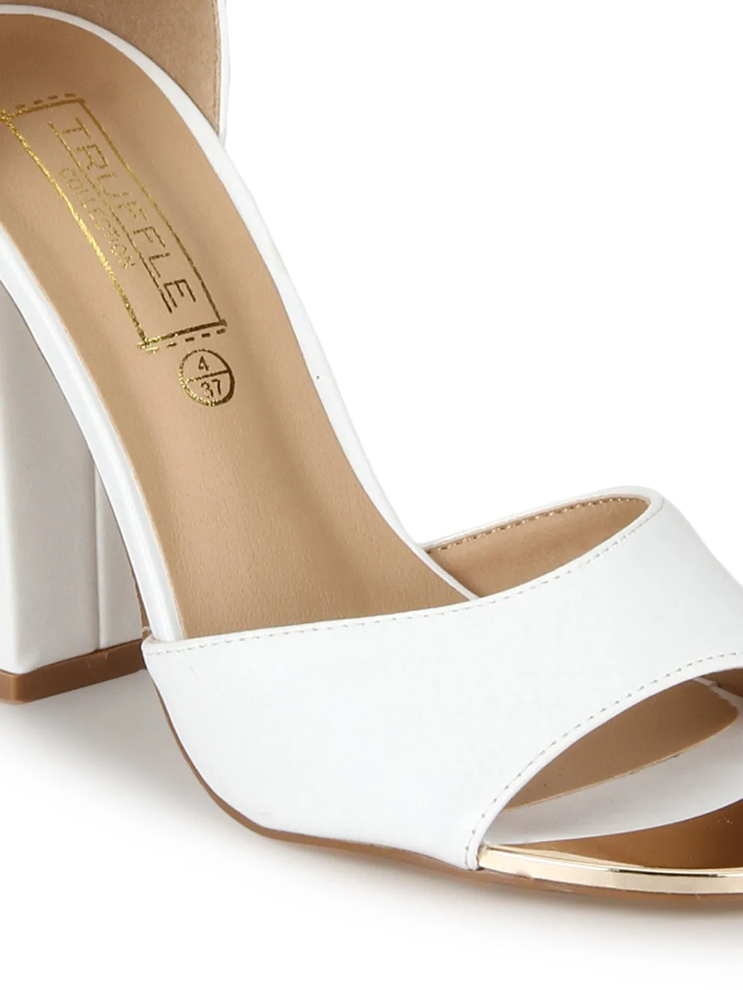 White PU Ankle Strap Block Heels