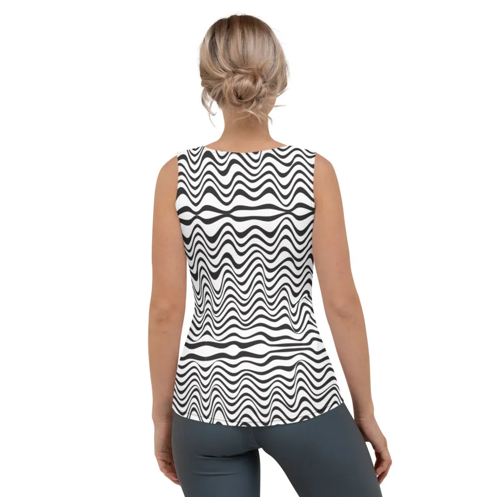 White Wavy Women's Tank Top, Waves Pattern Print Designer Soft Elastic Tank Tops For Ladies - Made in USA/EU/MX