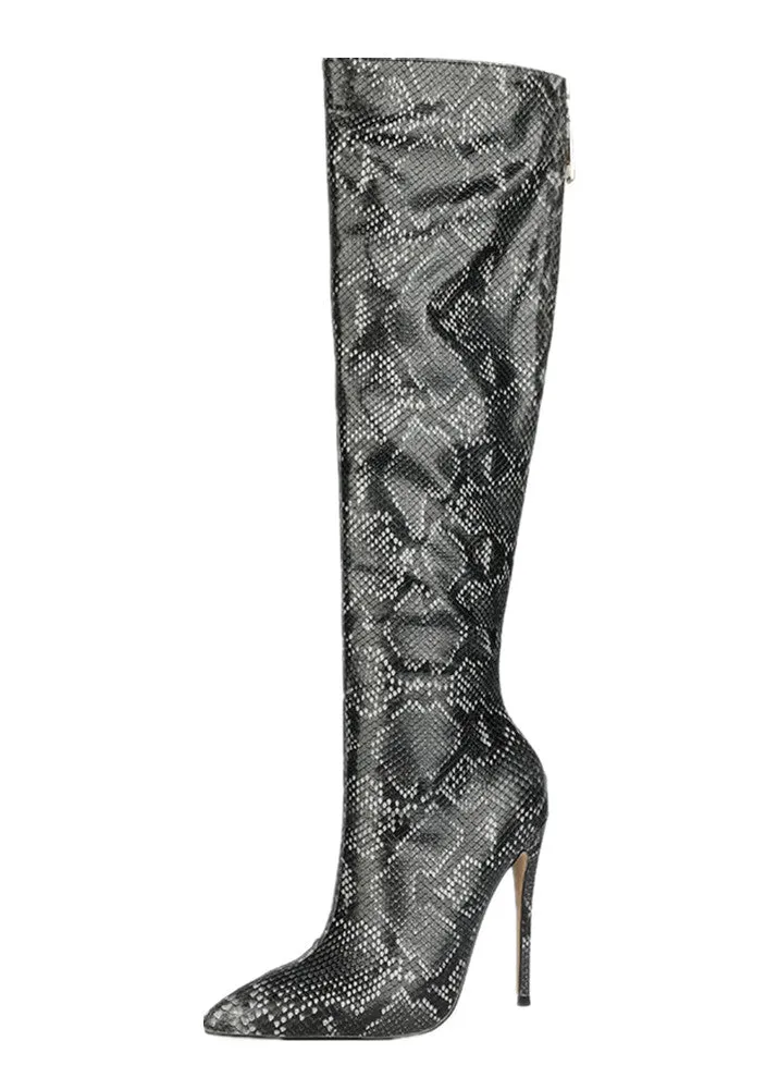 Woman Snakeskin 12cm Stiletto High Heels Pointed-toe Knee-high Long Boots