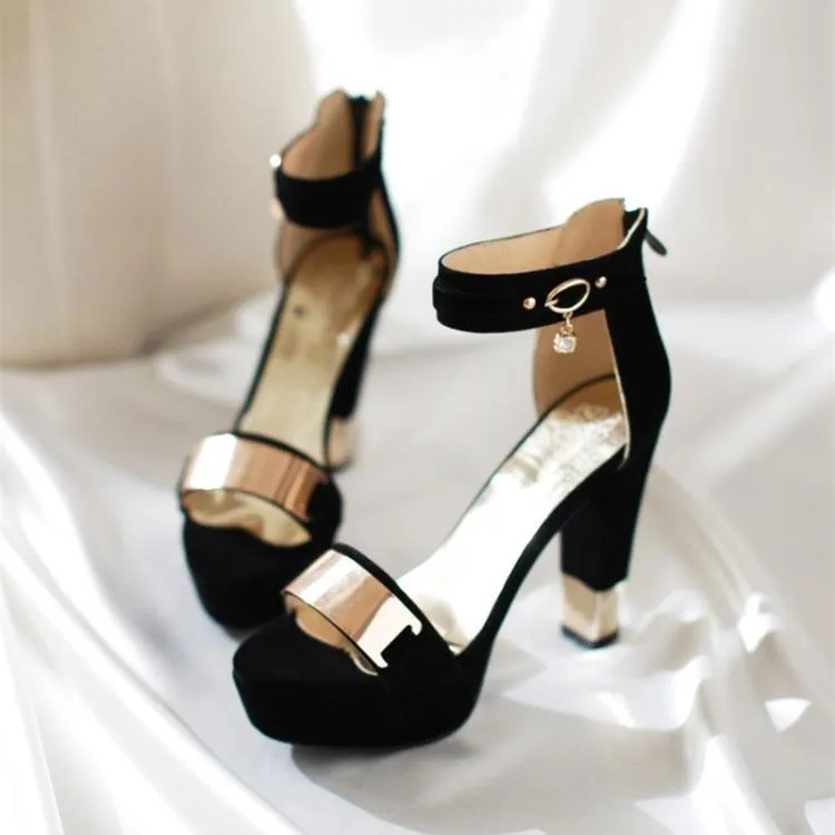 Women ankle buckle strap chunky peep toe platform heels