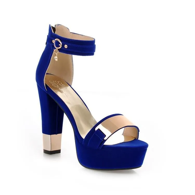 Women ankle buckle strap chunky peep toe platform heels