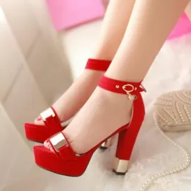 Women ankle buckle strap chunky peep toe platform heels