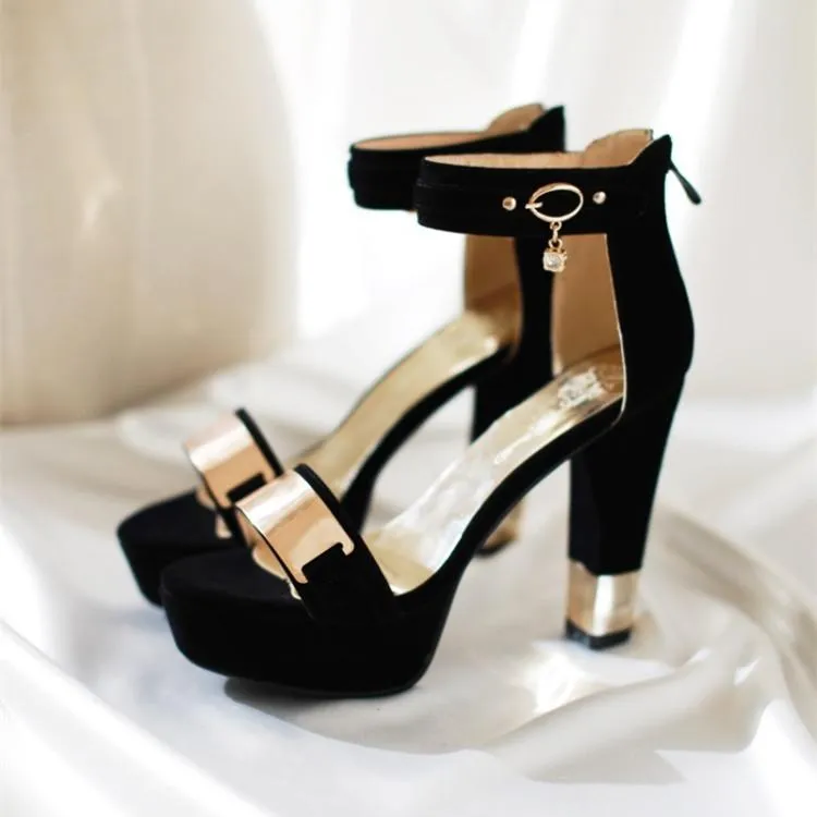 Women ankle buckle strap chunky peep toe platform heels