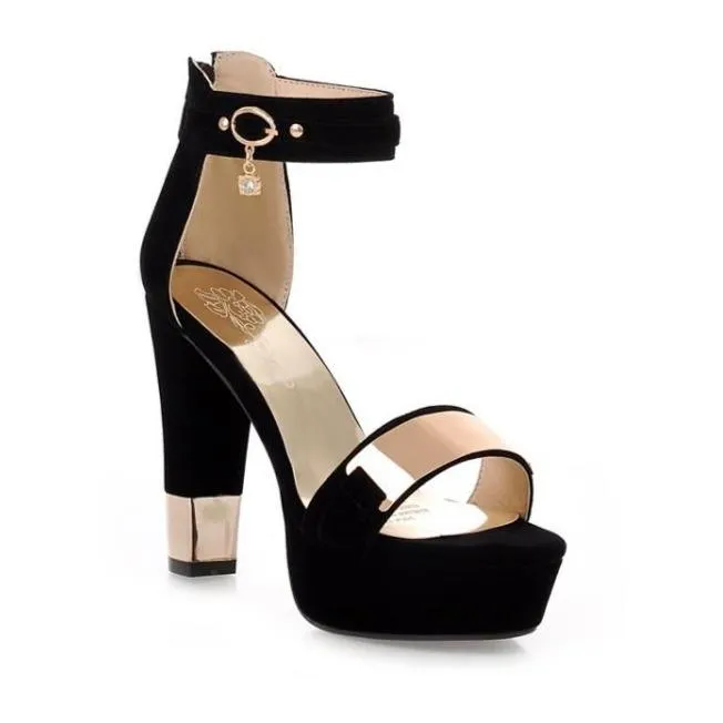 Women ankle buckle strap chunky peep toe platform heels