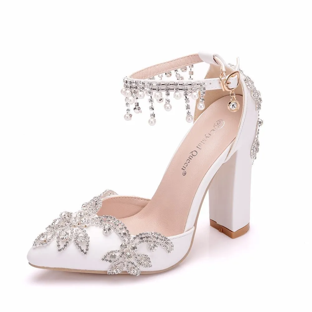 Women bridal rhinestone flower pointed toe side cut chunky wedding heels