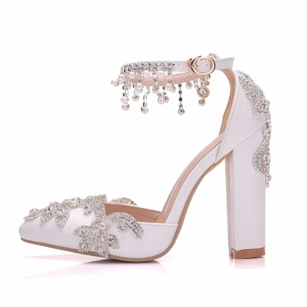 Women bridal rhinestone flower pointed toe side cut chunky wedding heels