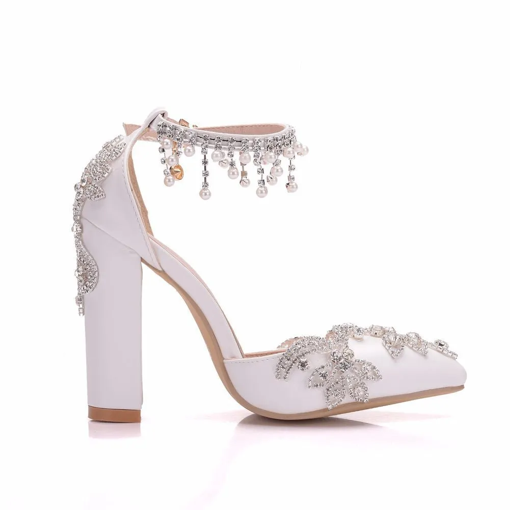 Women bridal rhinestone flower pointed toe side cut chunky wedding heels