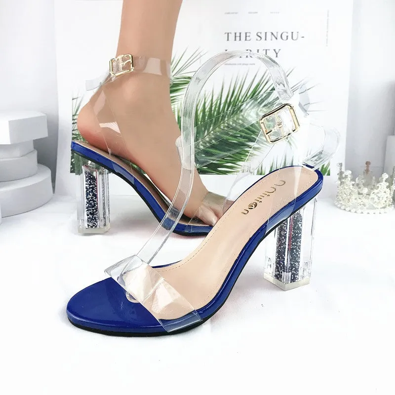 Women buckle strap peep toe sequin chunky high clear heels