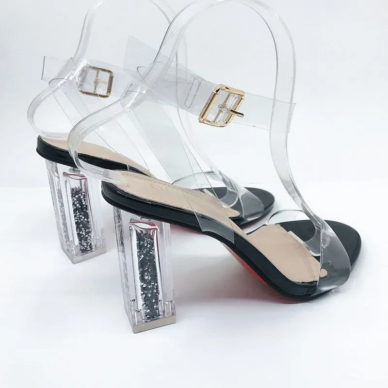 Women buckle strap peep toe sequin chunky high clear heels