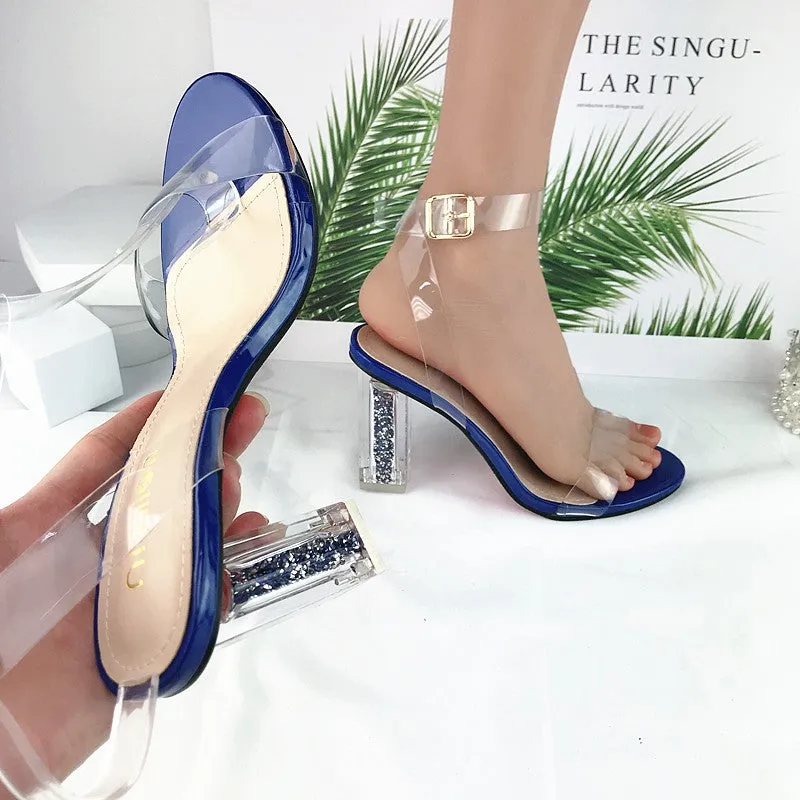 Women buckle strap peep toe sequin chunky high clear heels