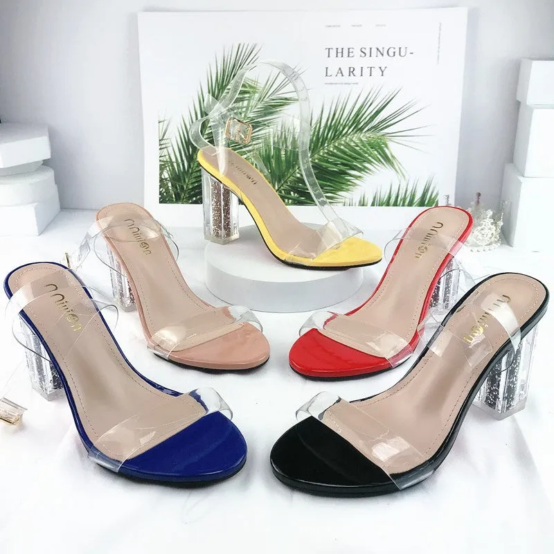 Women buckle strap peep toe sequin chunky high clear heels