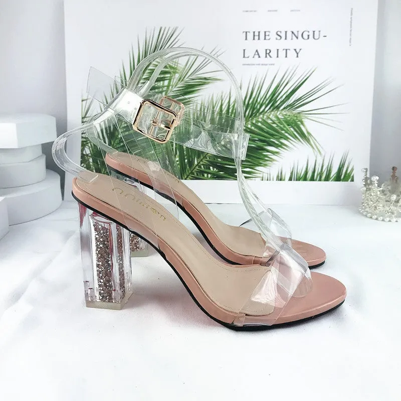 Women buckle strap peep toe sequin chunky high clear heels