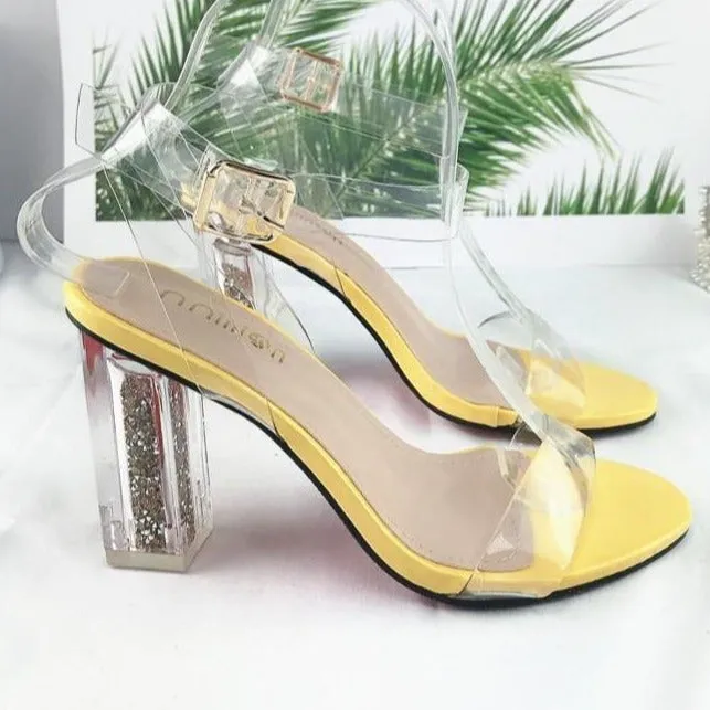 Women buckle strap peep toe sequin chunky high clear heels