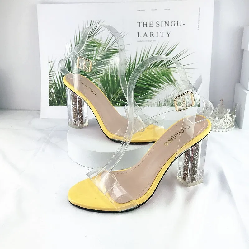 Women buckle strap peep toe sequin chunky high clear heels