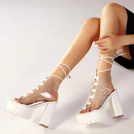 Women chunky heel platform slingback lace up clear heels