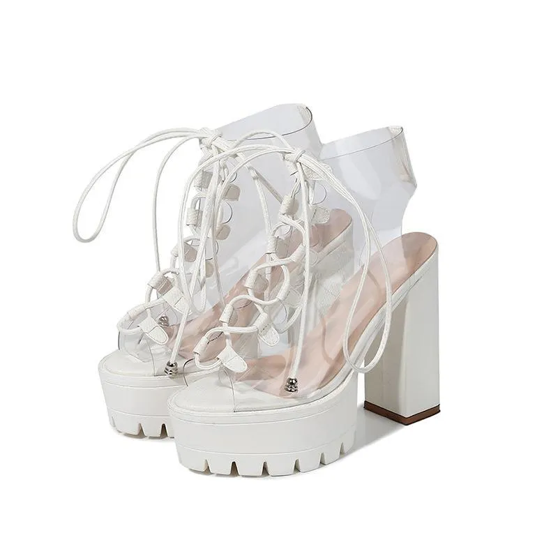 Women chunky heel platform slingback lace up clear heels