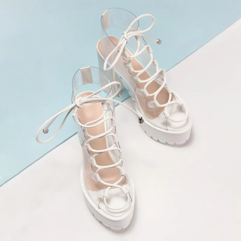 Women chunky heel platform slingback lace up clear heels