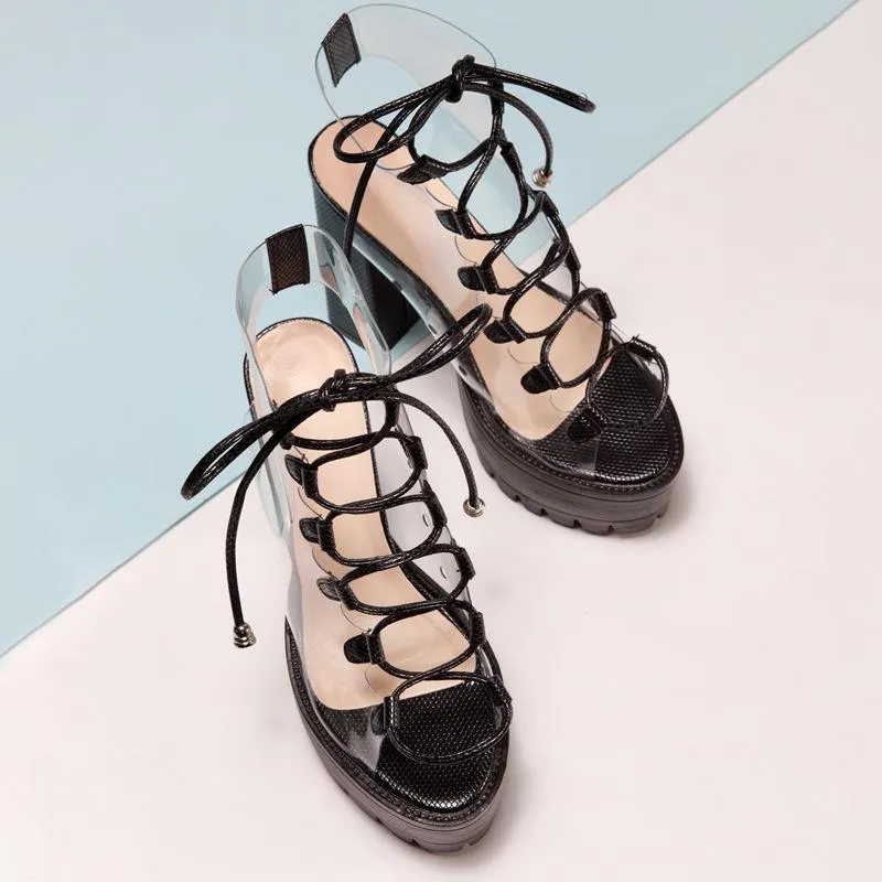 Women chunky heel platform slingback lace up clear heels