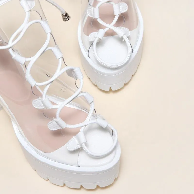 Women chunky heel platform slingback lace up clear heels